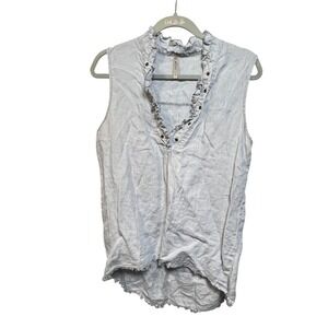 XCVII Top Womens Size S Gray Sleeveless Linen Blend Ruffle Neck V Neck